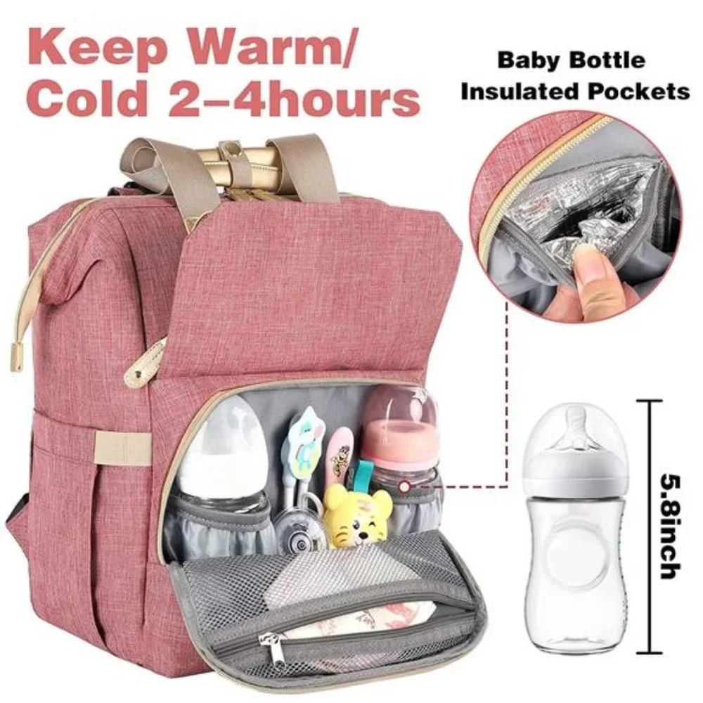 Diaper Bag Backpack, Insulated Pockets Portable Baby Nappy Bags - Pink